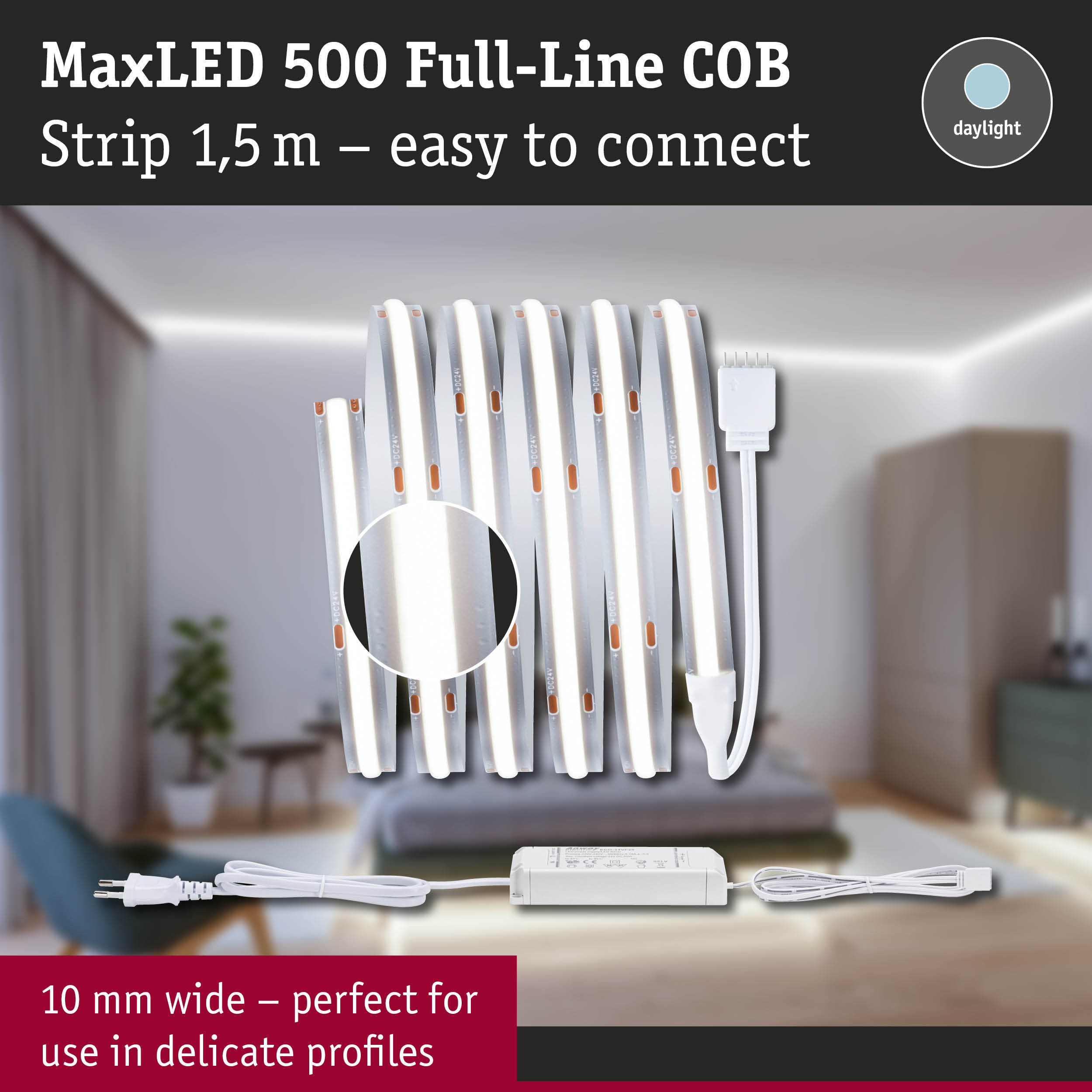 MaxLED 500 COB LED strip 1.5 m white with power supply, perfect for delicate profiles and daylight lighting