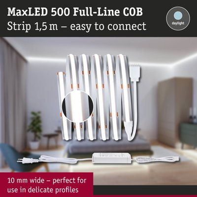MaxLED 500 COB LED strip 1.5 m white with power supply, perfect for delicate profiles and daylight lighting