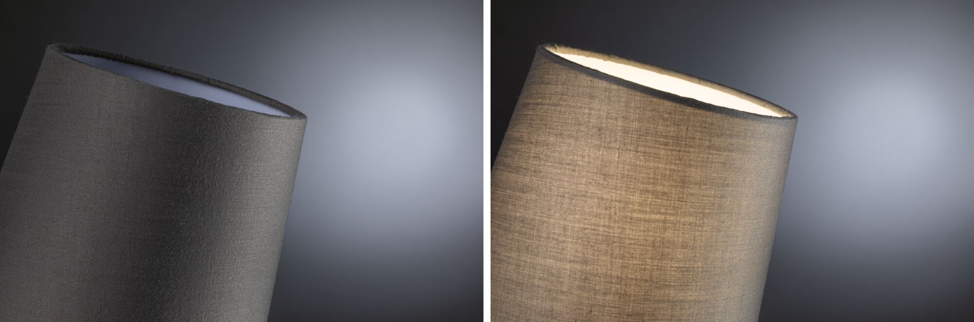 Close-up of grey fabric lampshade, left unlit, right glowing warmly, modern home lighting accessory