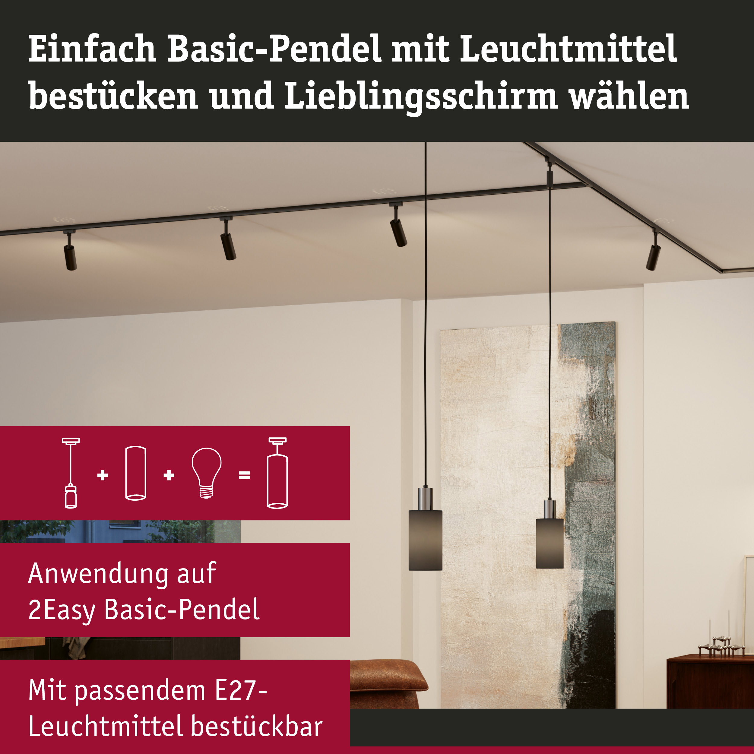 Schwarze Basic-Pendelleuchte aus Metall mit E27-Fassung und dimmbaren Leuchtmitteln für Wohnräume