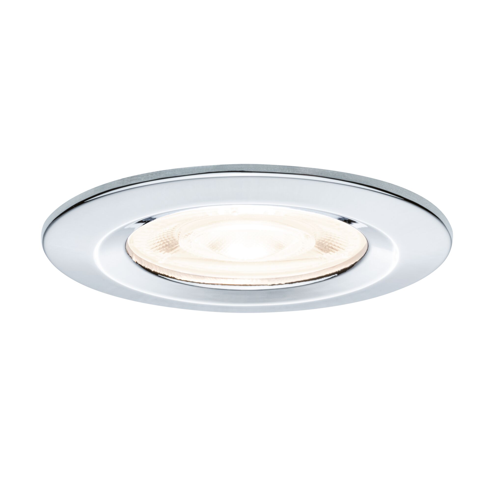 Rundes Einbaustrahler-Gehäuse aus Chrom mit warmweißem LED-Licht für moderne Raumbeleuchtung