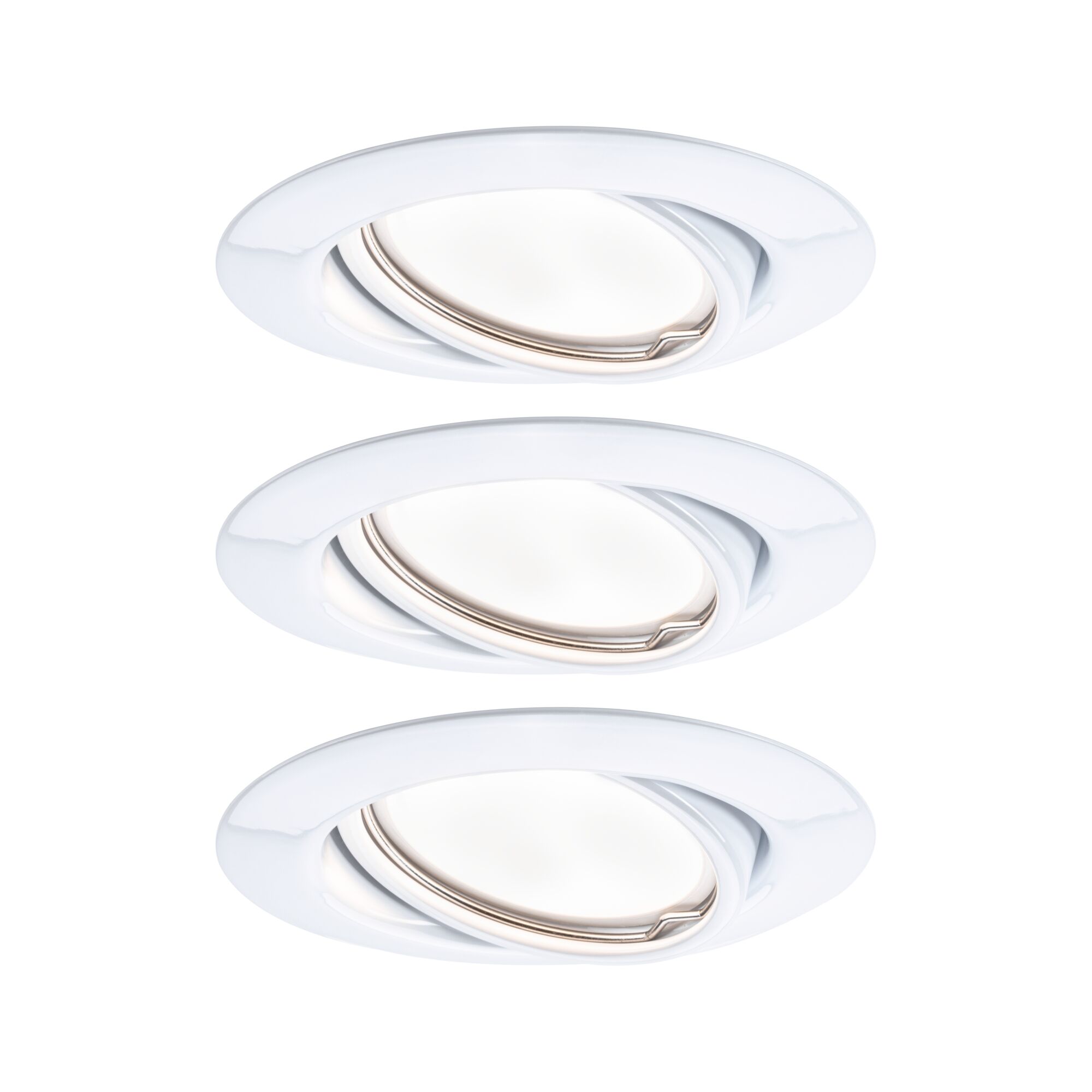 Drei weiße Einbaustrahler aus Kunststoff mit schwenkbarem Reflektor für flexible LED-Beleuchtung