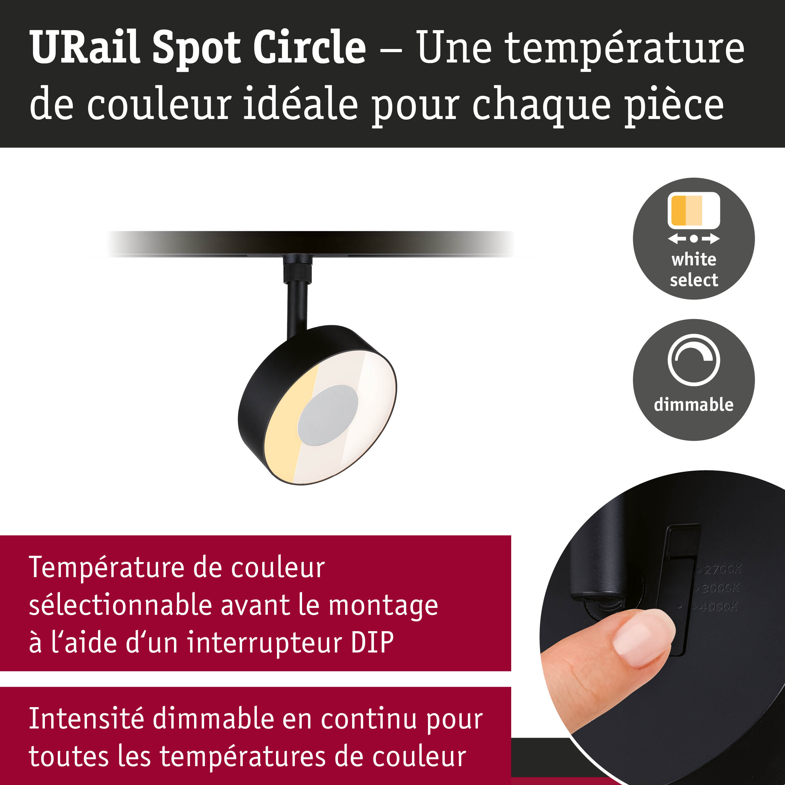 Spot URail Spot Circle noir avec température de couleur réglable et intensité dimmable