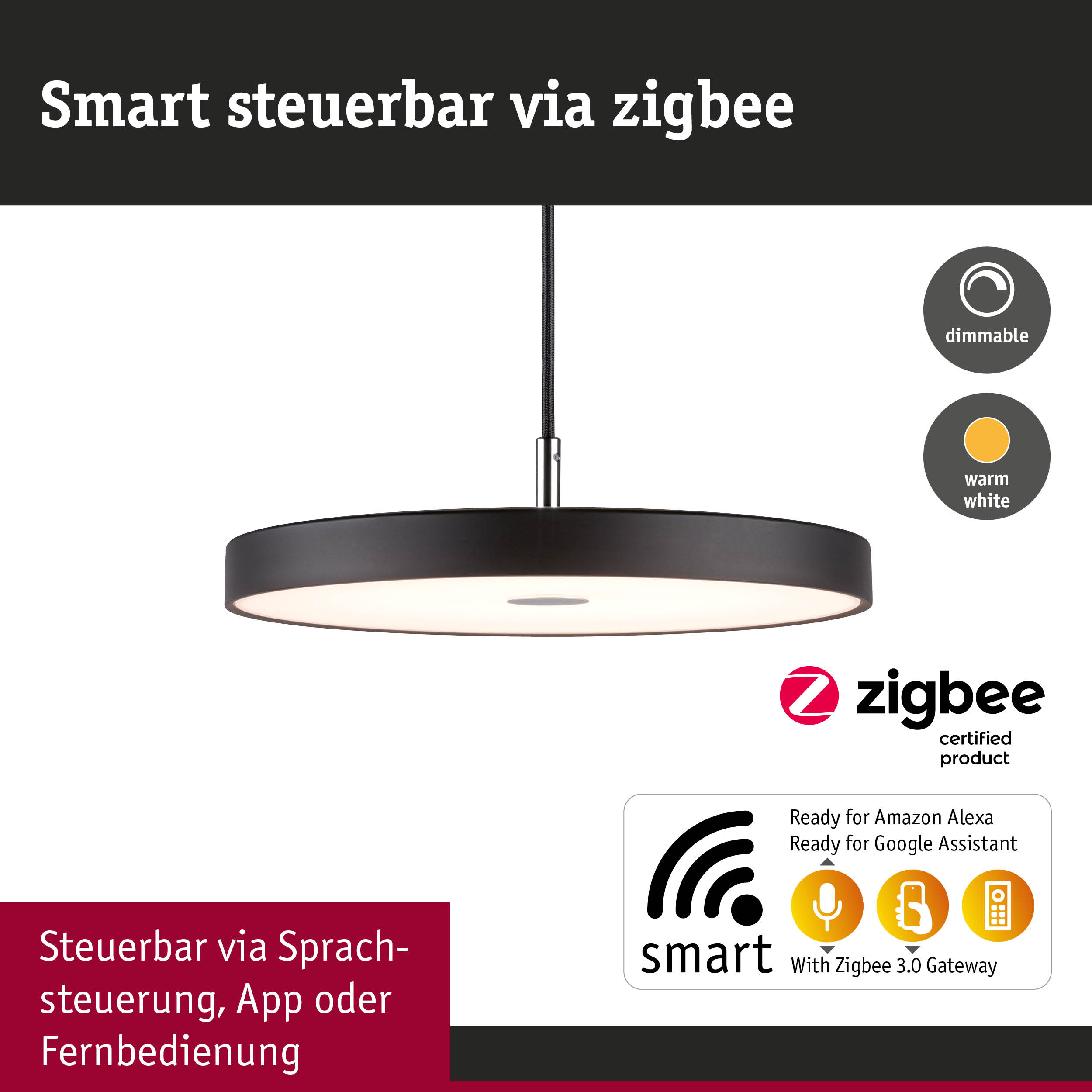 Schwarze runde LED-Hängeleuchte mit dimmbarer warmweißer Beleuchtung und Zigbee Smart-Steuerung