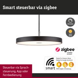 Schwarze runde LED-Hängeleuchte mit dimmbarer warmweißer Beleuchtung und Zigbee Smart-Steuerung