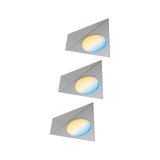 Three triangular LED recessed lights in brushed aluminum with warm white and blue light