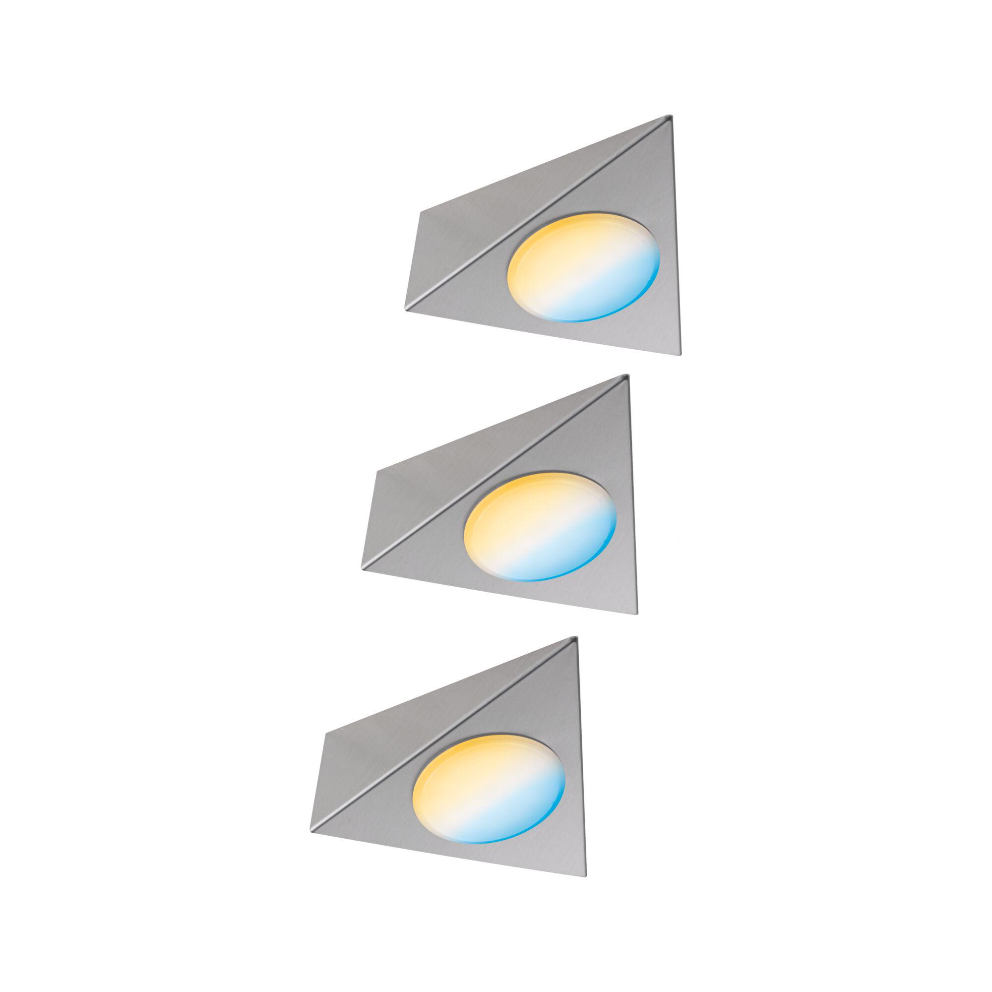 Three triangular LED recessed lights in brushed aluminum with warm white and blue light