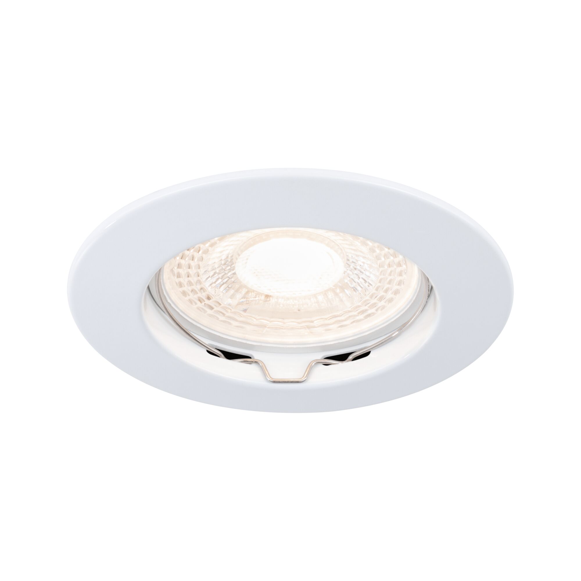 Round white recessed spotlight housing with clear glass and metal spring for LED lighting