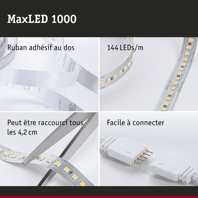 Bande LED MaxLED 1000 avec 144 LEDs/m, ruban adhésif, coupable tous les 4,2 cm, facile à connecter