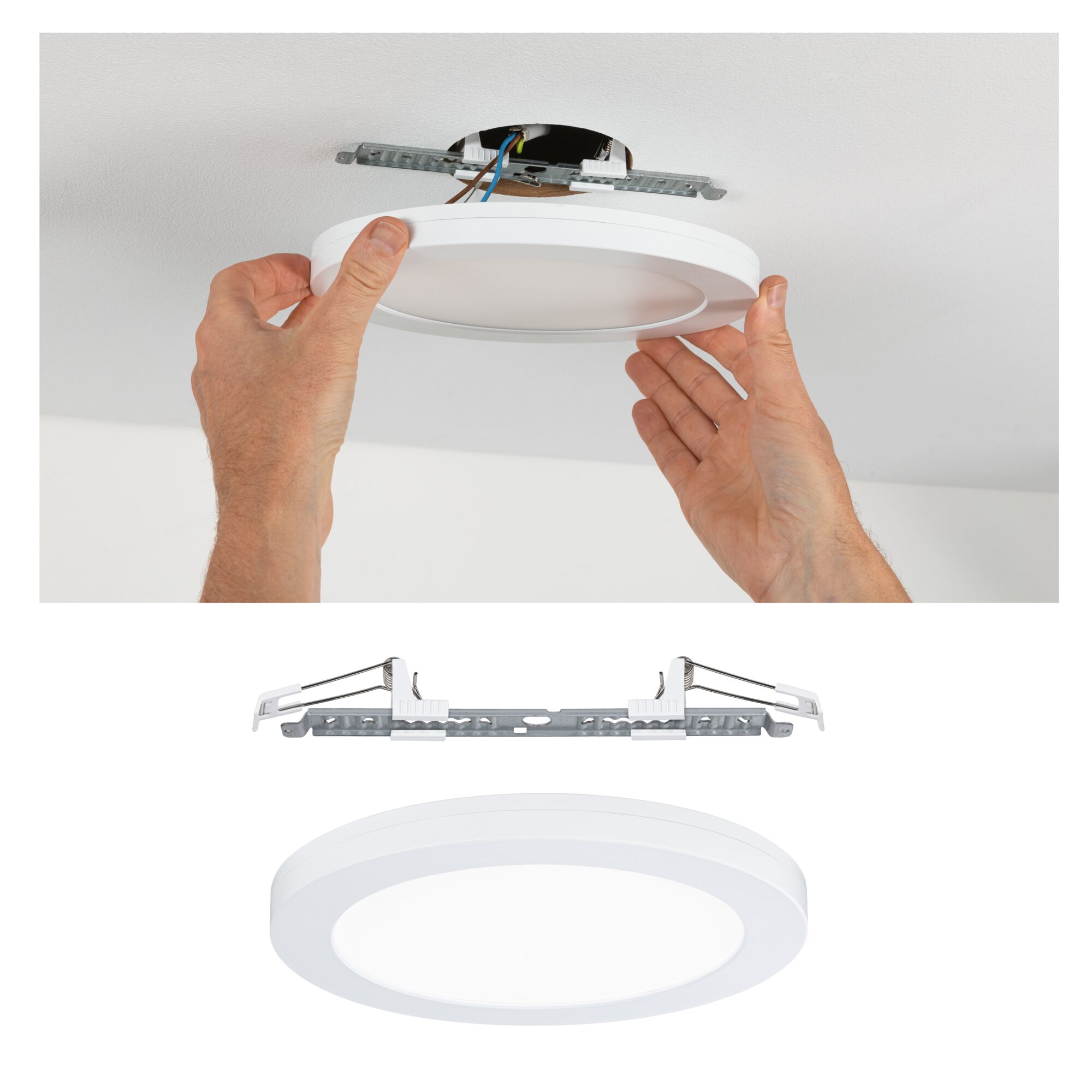 LED-inbouwpaneel 2in1 Cover-it rond 225mm 16,5W 1200lm 4000K Wit mat Witte kunststof LED-plafondlamp wordt met metalen beugel in het plafond gemonteerd