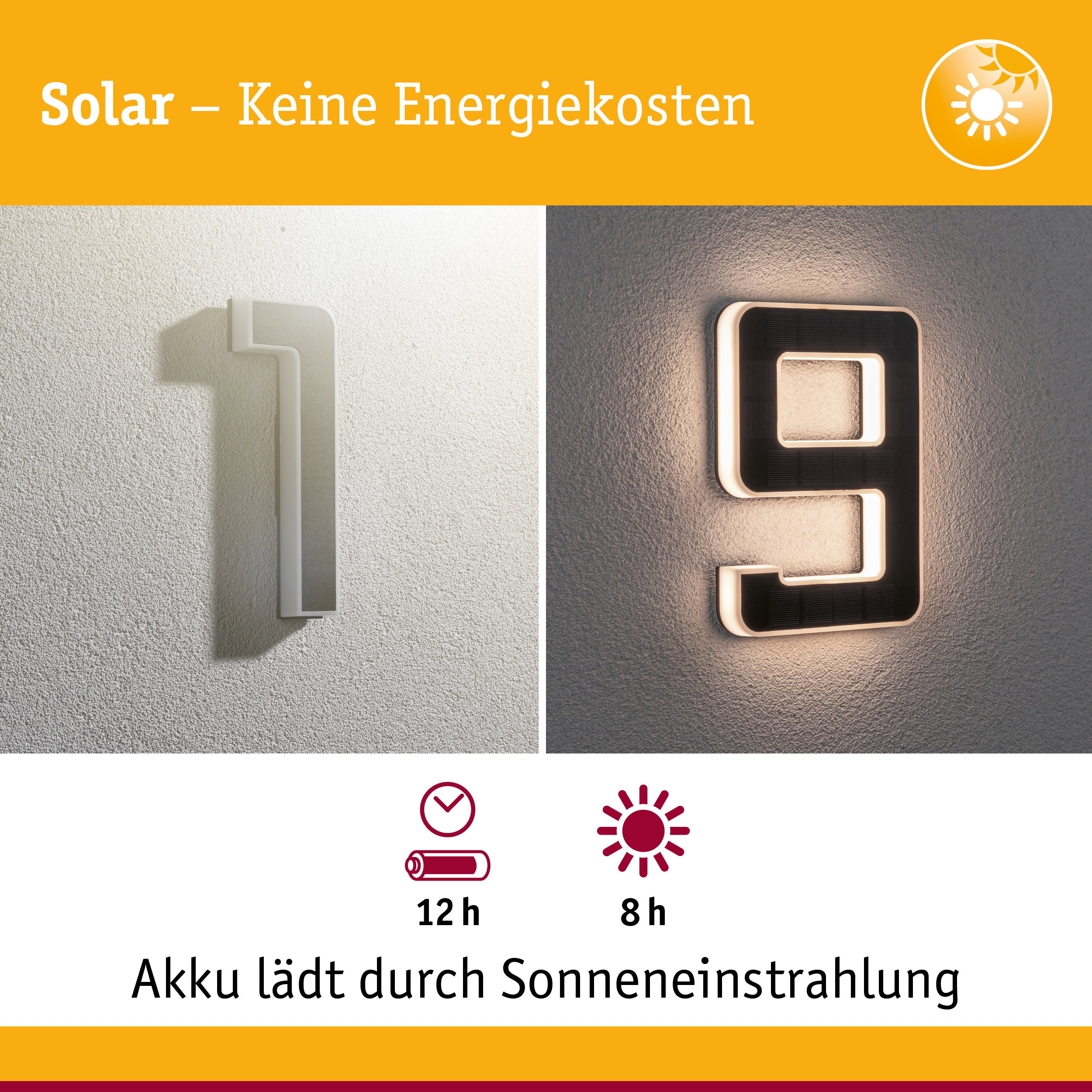 Solarbetriebene Hausnummer 19 mit weißer und schwarzer LED-Beleuchtung an Wand für energiesparende Außenbeleuchtung