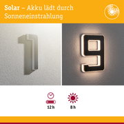 Solarbetriebene Hausnummer 19 mit weißer und schwarzer LED-Beleuchtung an Wand für energiesparende Außenbeleuchtung