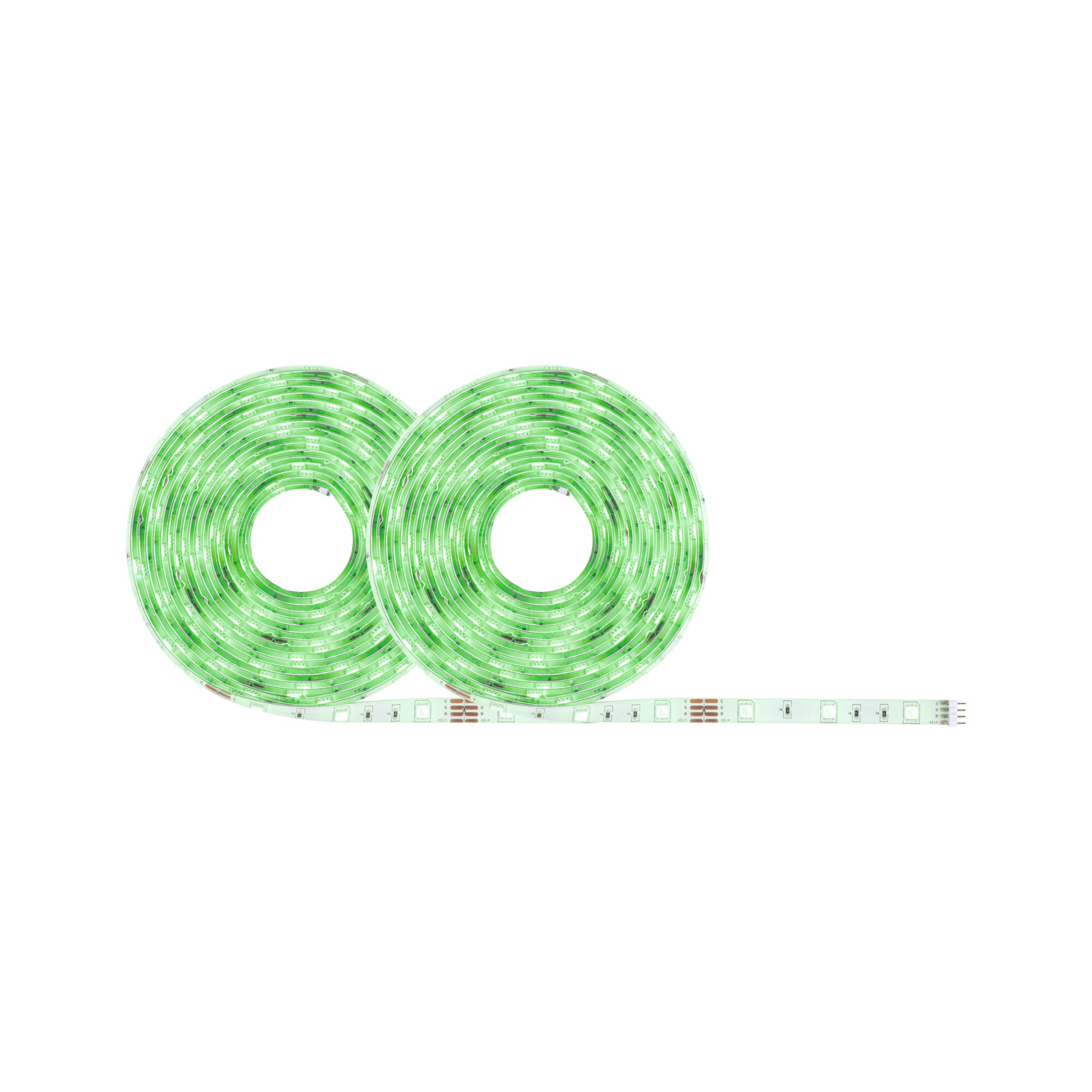 Two green flexible LED light strips for decorative lighting and ambient room accents