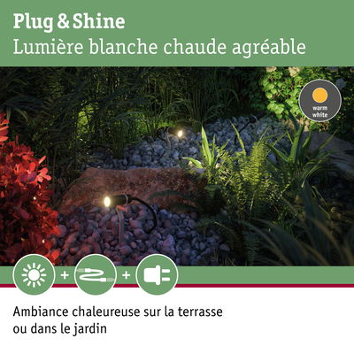 Projecteurs de jardin noirs avec lumière blanc chaud sur gravier et plantes pour éclairage extérieur chaleureux