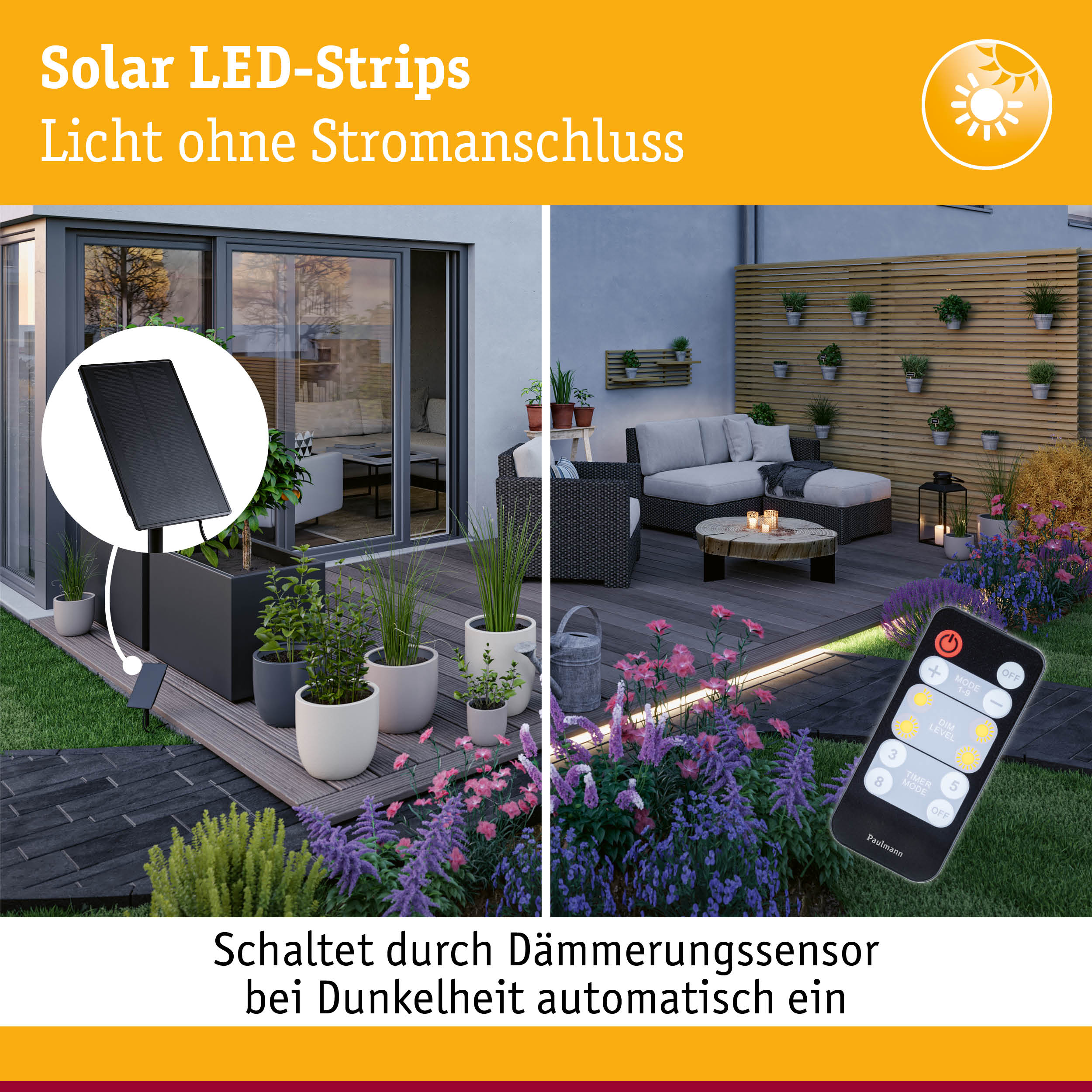 Solar LED-Strips mit schwarzem Solarpanel und Fernbedienung im modernen Garten mit Lounge-Möbeln