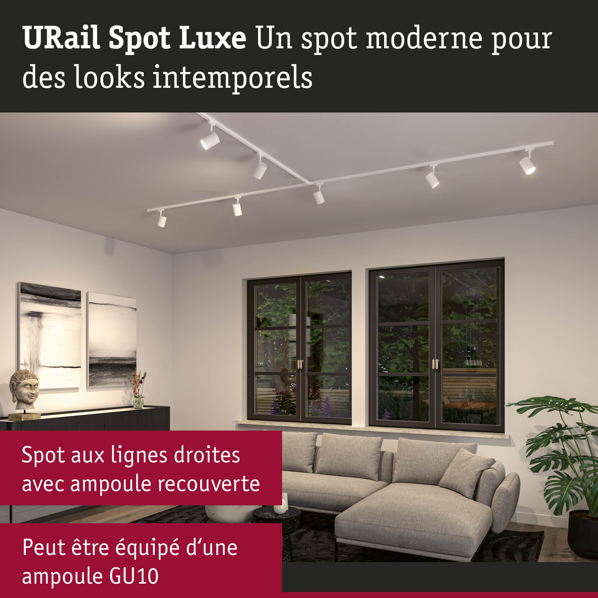 Spot blanc moderne URail Spot Luxe aux lignes droites avec ampoule LED GU10 dans un salon