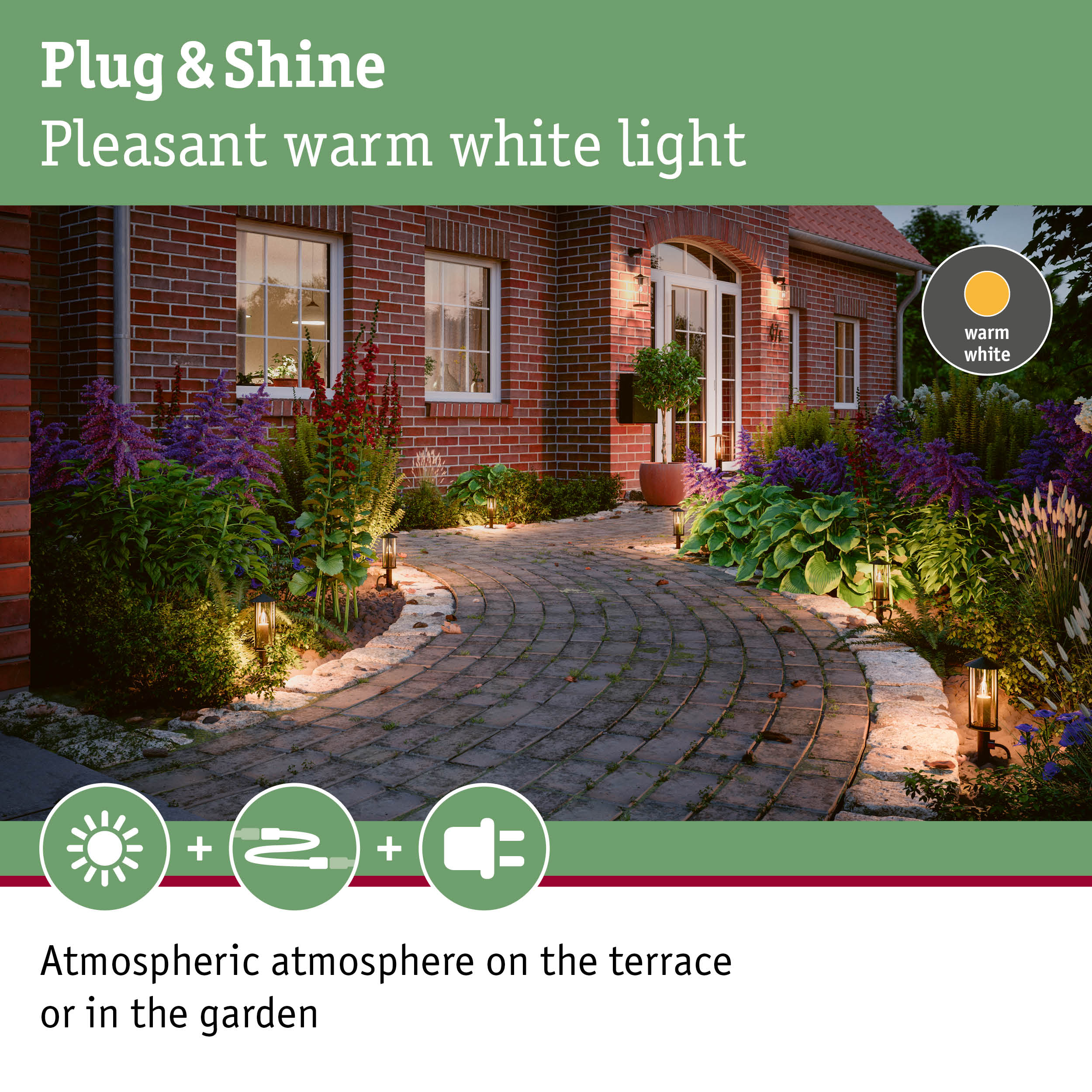 Outdoor lighting with warm white light for terrace and garden using Plug & Shine system