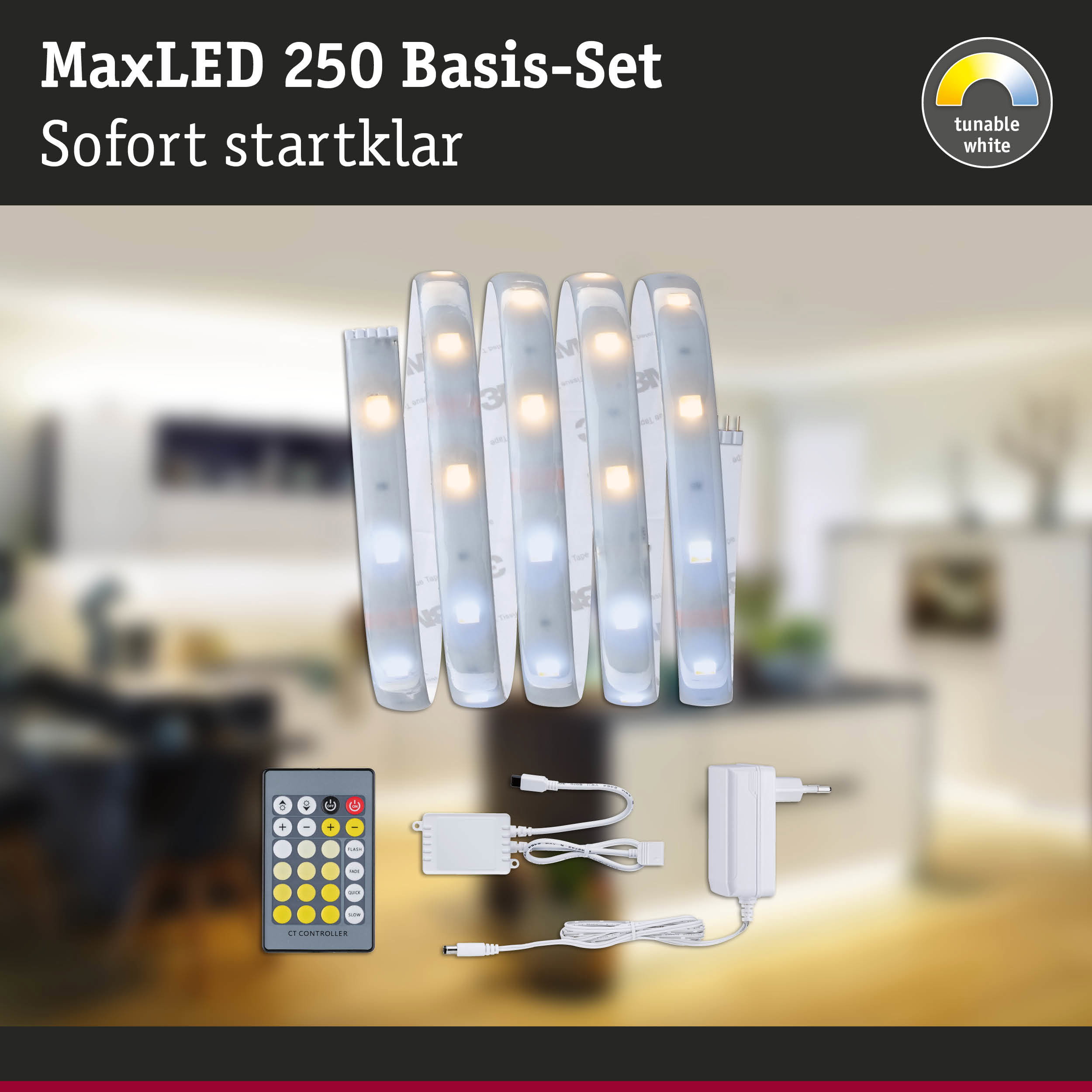 MaxLED 250 Basis-Set mit weißem LED-Lichtband, Fernbedienung und Netzteil für dimmbares Licht