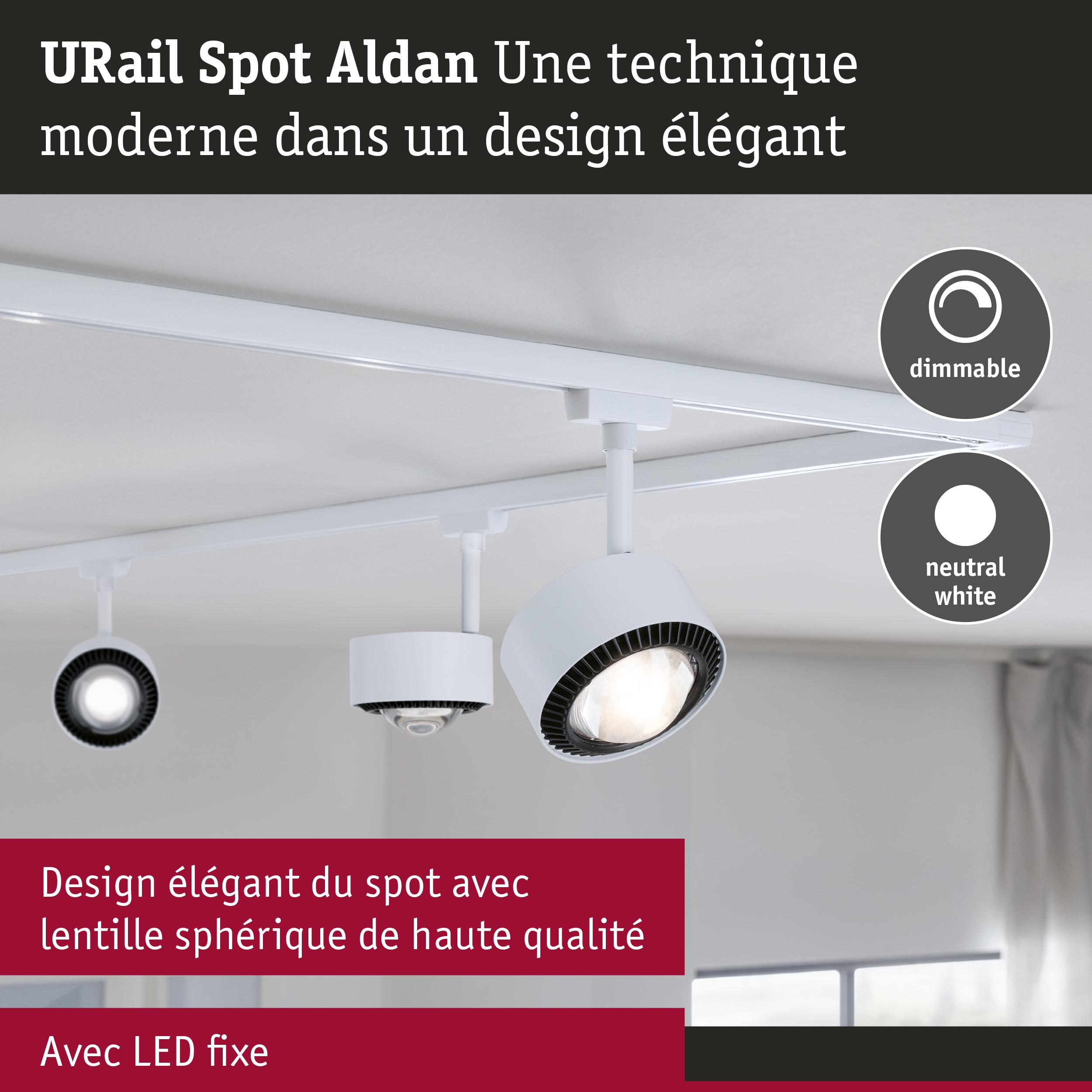 Spot URail Aldan blanc avec lentille sphérique LED et éclairage dimmable blanc neutre