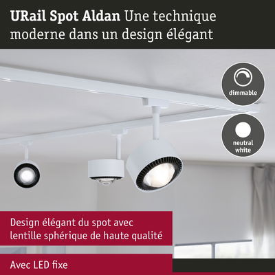Spot URail Aldan blanc avec lentille sphérique LED et éclairage dimmable blanc neutre