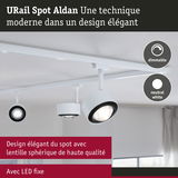 Spot URail Aldan blanc avec lentille sphérique LED et éclairage dimmable blanc neutre