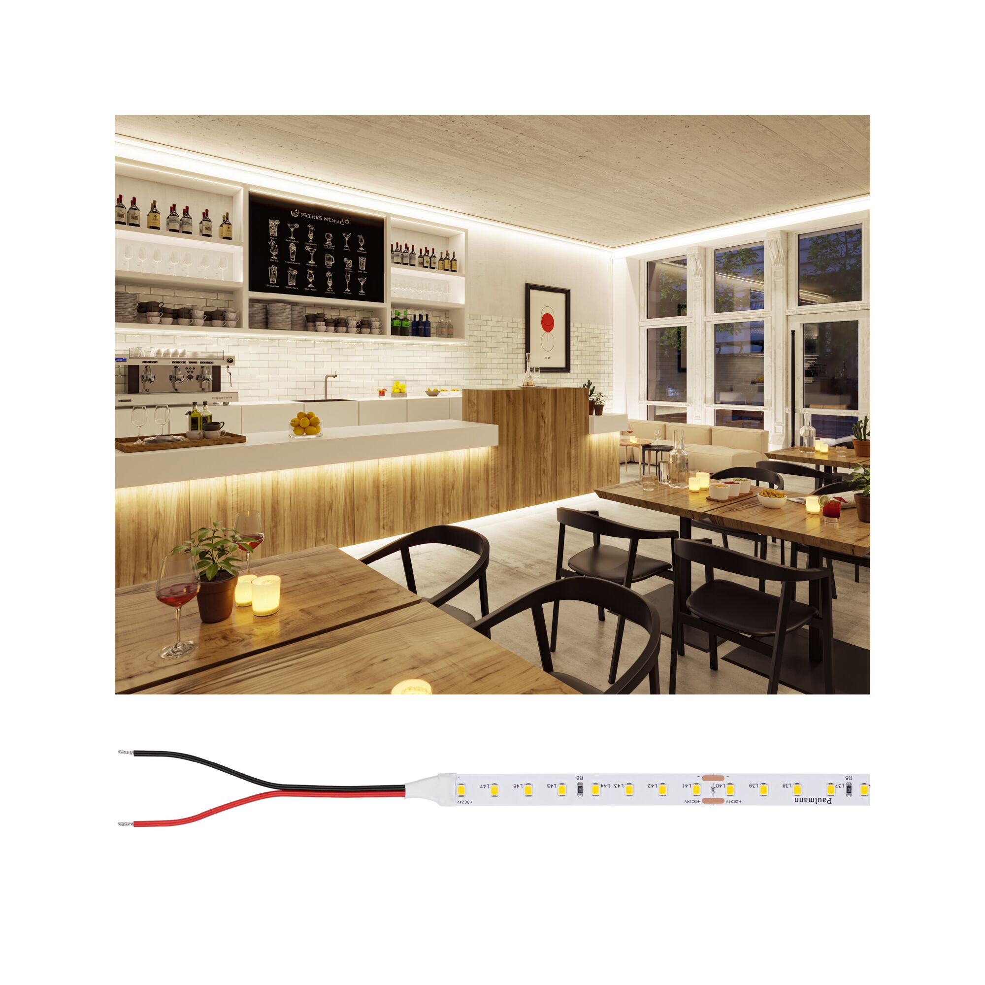 Moderne Bar mit LED-Streifenbeleuchtung aus Holz und weißem Material, ideal für Gastronomie und Innenräume