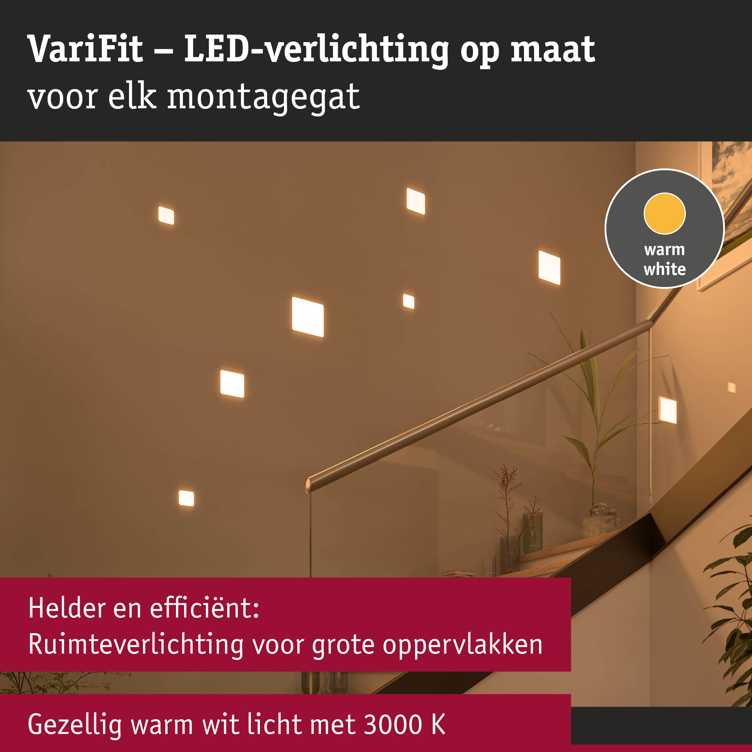 VariFit LED-verlichting in warm wit voor trappenhuis met op maat gemaakte inbouwspots
