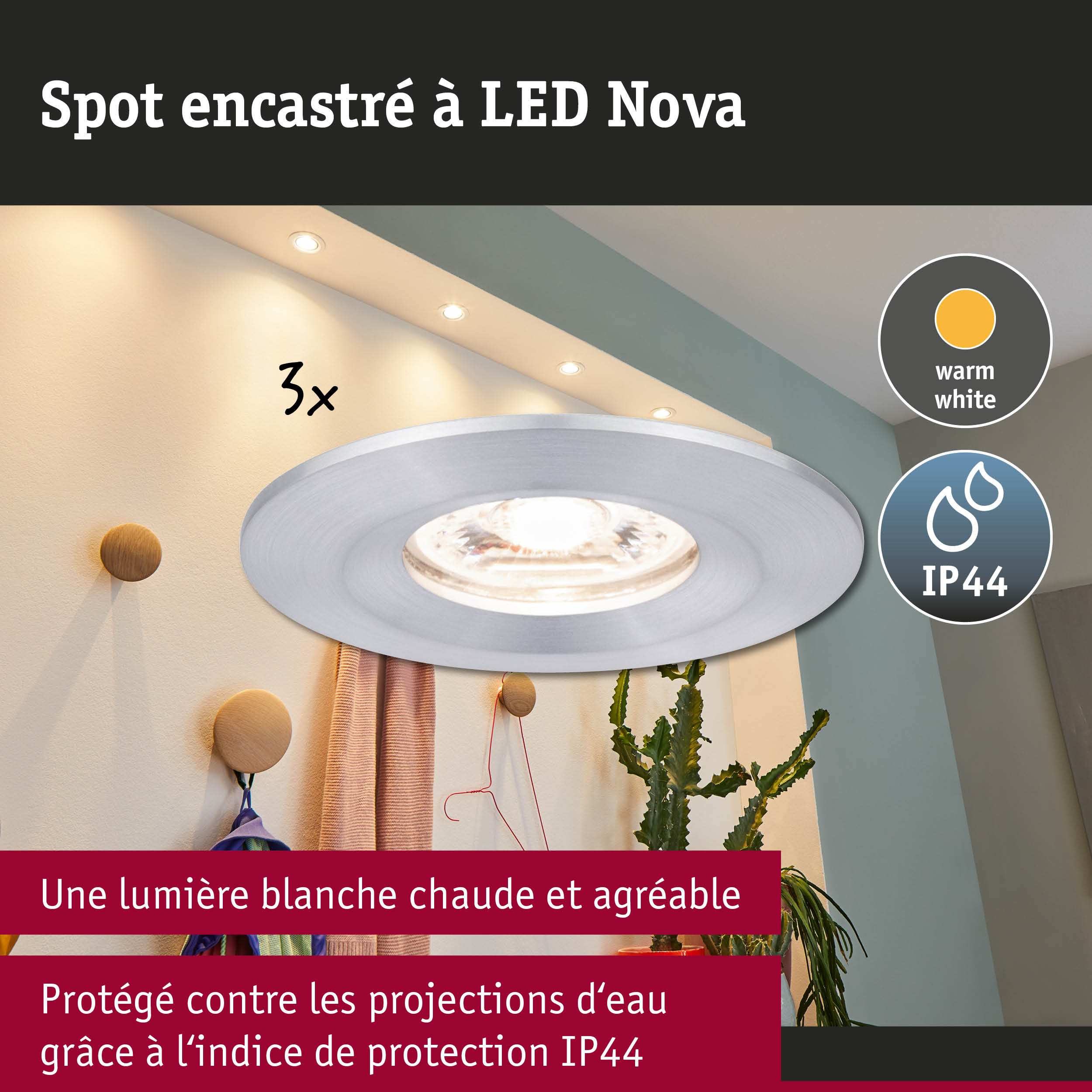 Spot encastré LED Nova en aluminium argenté avec lumière blanc chaud et indice de protection IP44