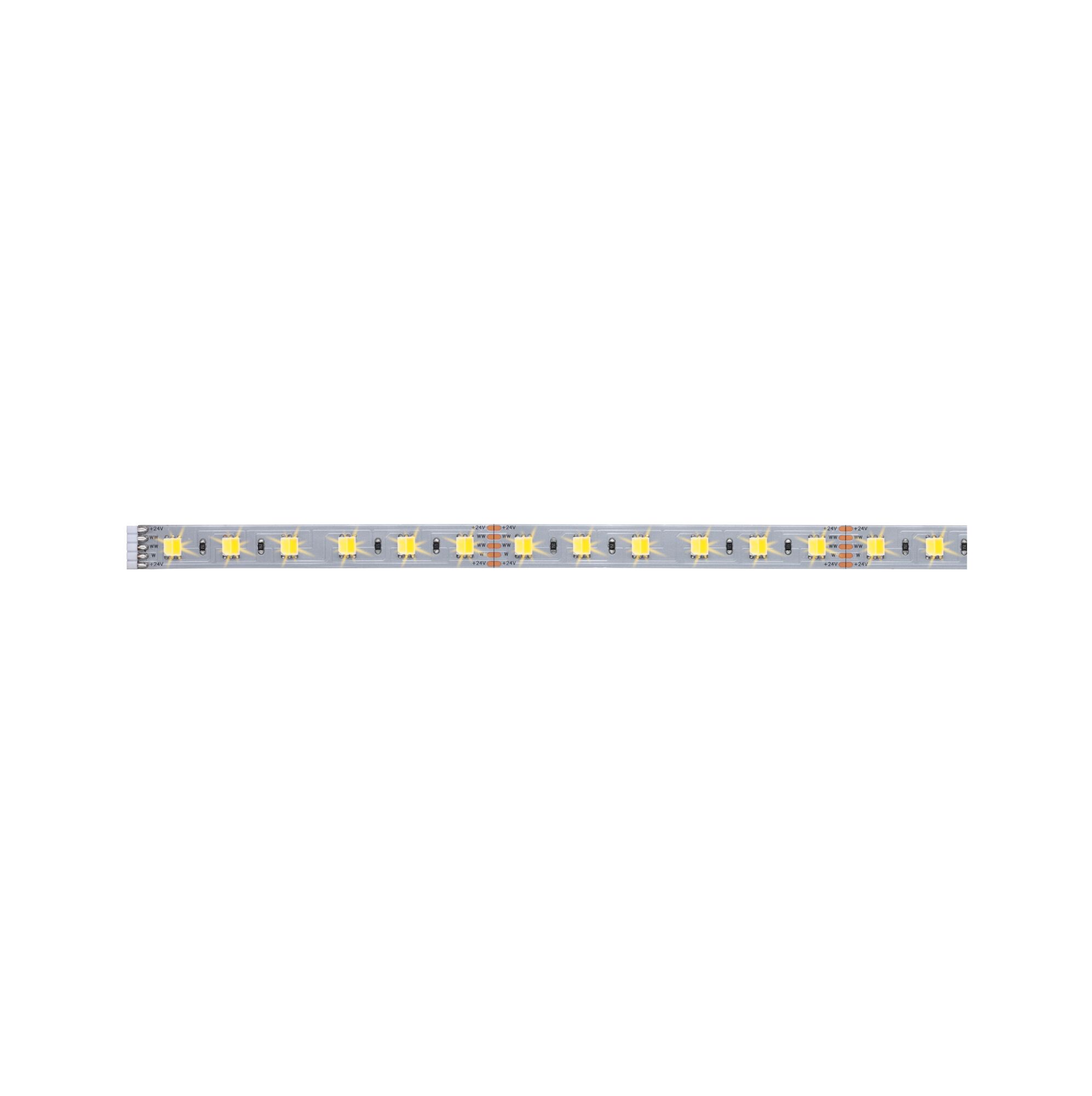 Flexible LED-Lichtleiste mit warmweißen LEDs auf silberner Platine für dekorative Beleuchtung