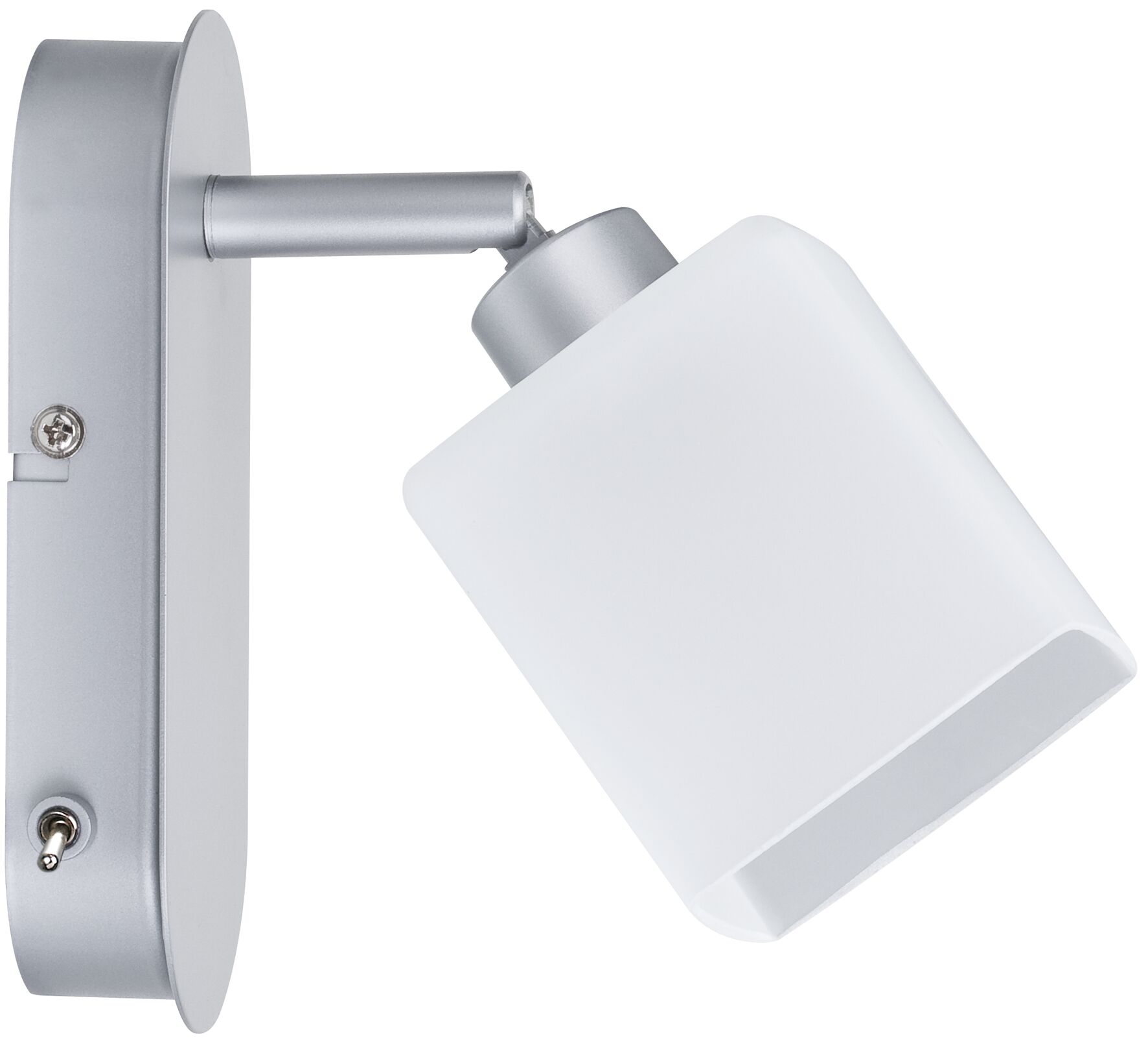 Modern silver metal wall light with white lampshade and switch for LED lighting in home interiors