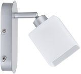 Modern silver metal wall light with white lampshade and switch for LED lighting in home interiors