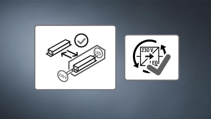 Icon illustrating replaceable LED control gear with 230V for easy installation and maintenance