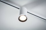 Weißer LED-Deckenstrahler aus Metall an Schienensystem für moderne Innenbeleuchtung