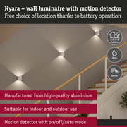 Nyara white aluminium wall luminaire with motion detector, suitable for indoor and outdoor use