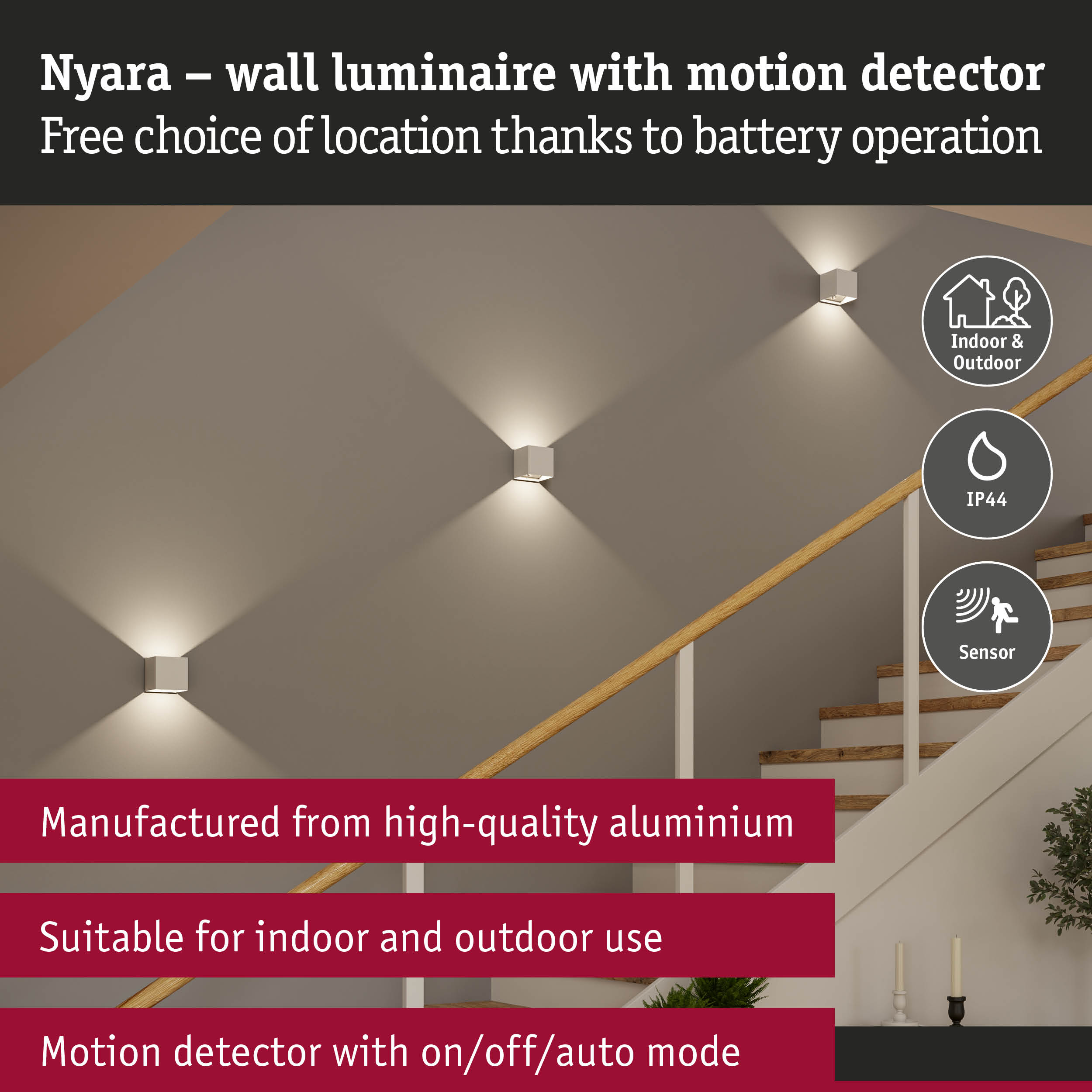 Nyara white aluminium wall luminaire with motion detector, suitable for indoor and outdoor use