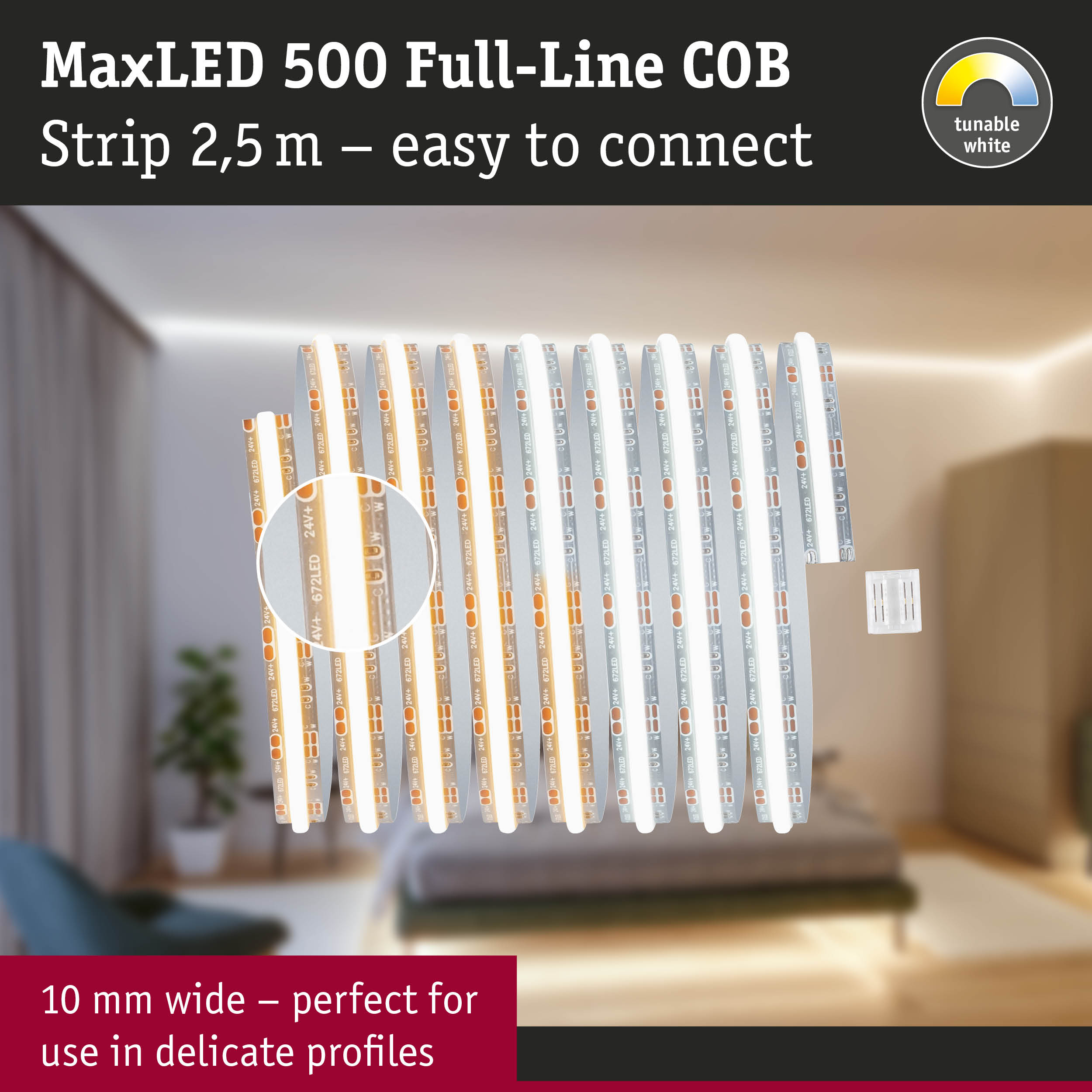MaxLED 500 Full-Line COB 2.5m white LED strip with tunable white light for versatile lighting