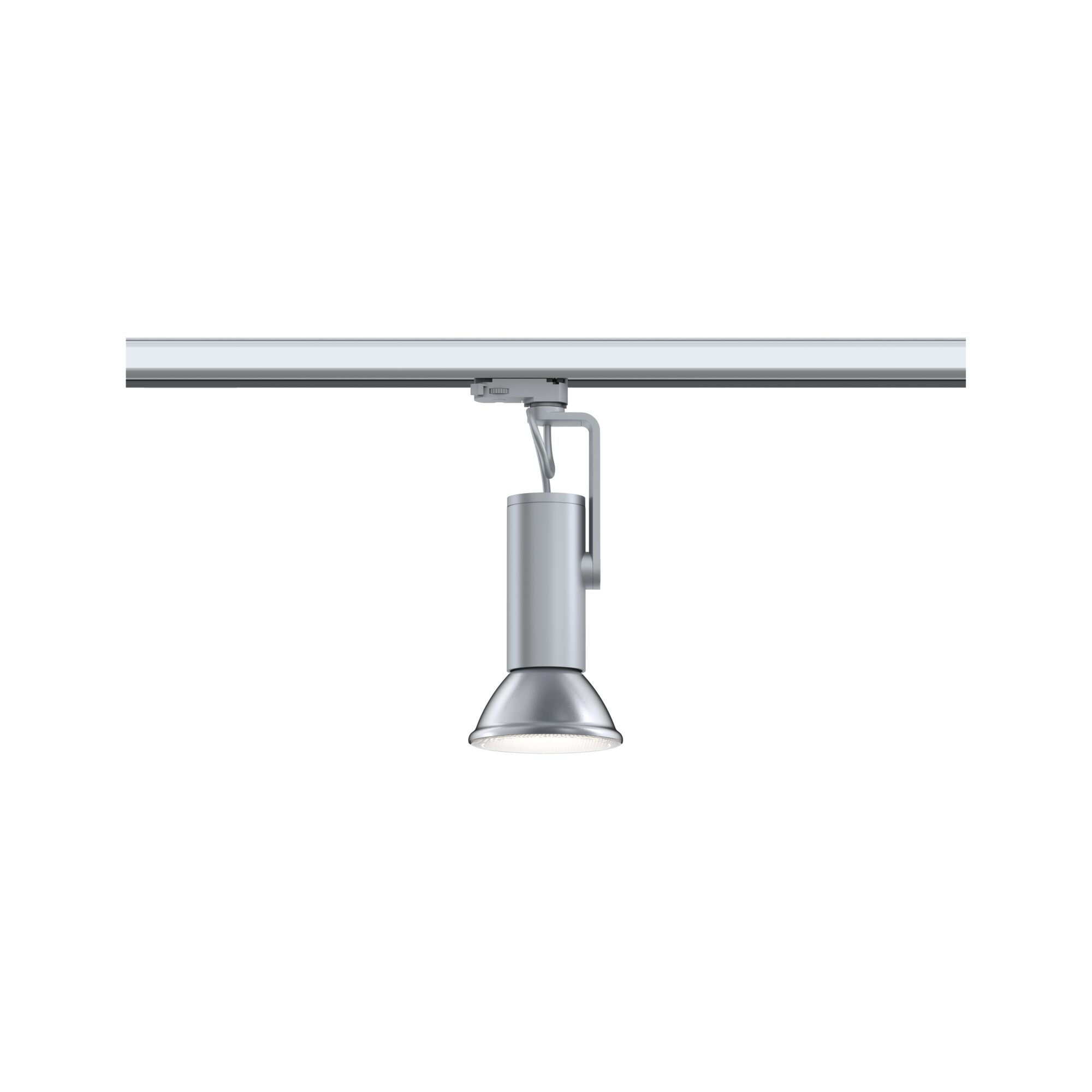 Moderne zilverkleurige metalen LED-spot op railsysteem voor flexibele kamerverlichting.