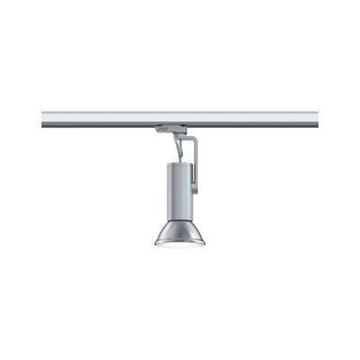 Moderner silberner LED-Strahler aus Metall an Schienensystem für flexible Raumbeleuchtung.