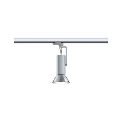 Moderner silberner LED-Strahler aus Metall an Schienensystem für flexible Raumbeleuchtung.