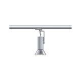 Moderner silberner LED-Strahler aus Metall an Schienensystem für flexible Raumbeleuchtung.