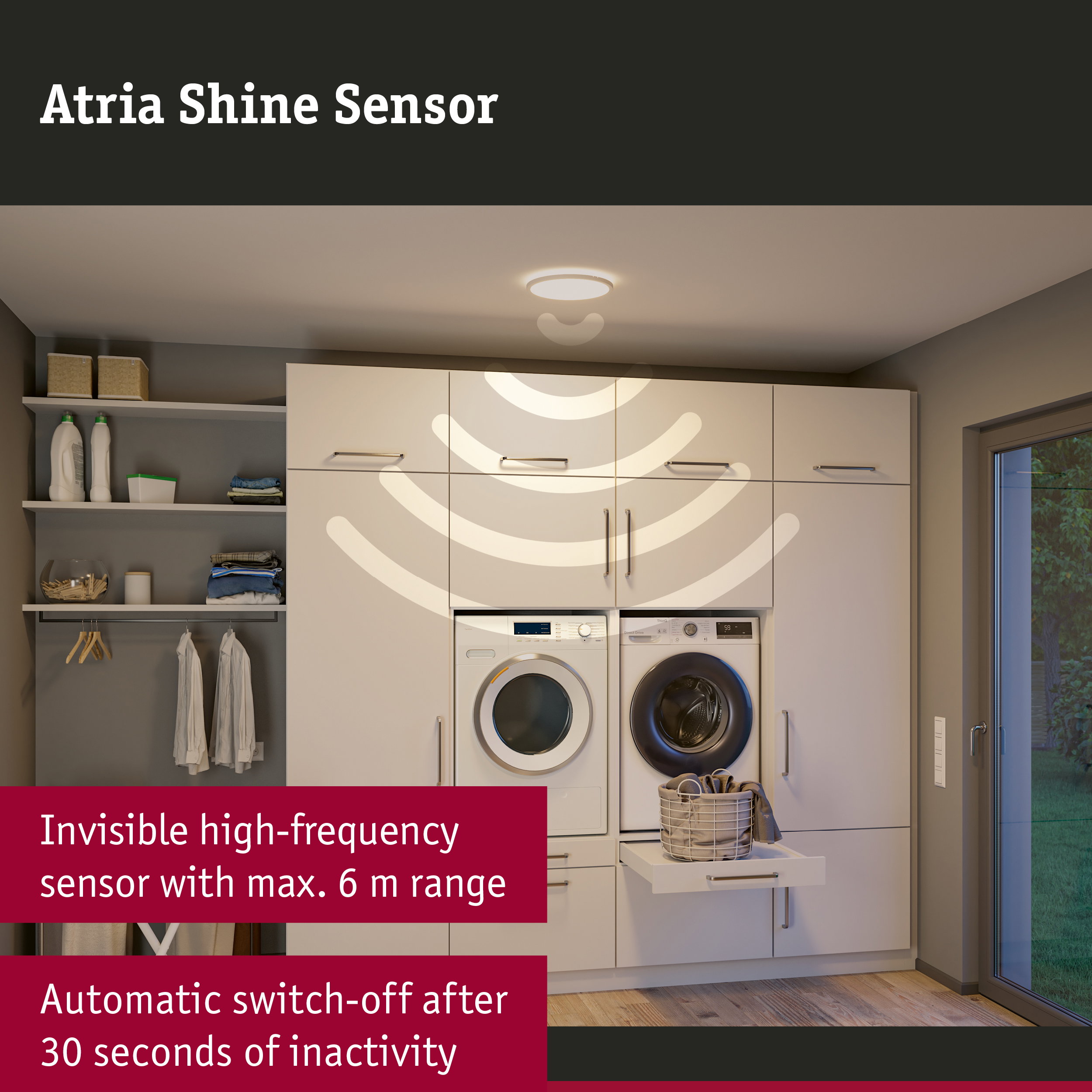 White ceiling light with Atria Shine sensor in modern laundry room with washing machine