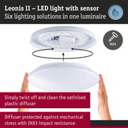Leonis II white LED ceiling light with sensor, plastic diffuser, IK03 impact resistance, energy-efficient LED lighting