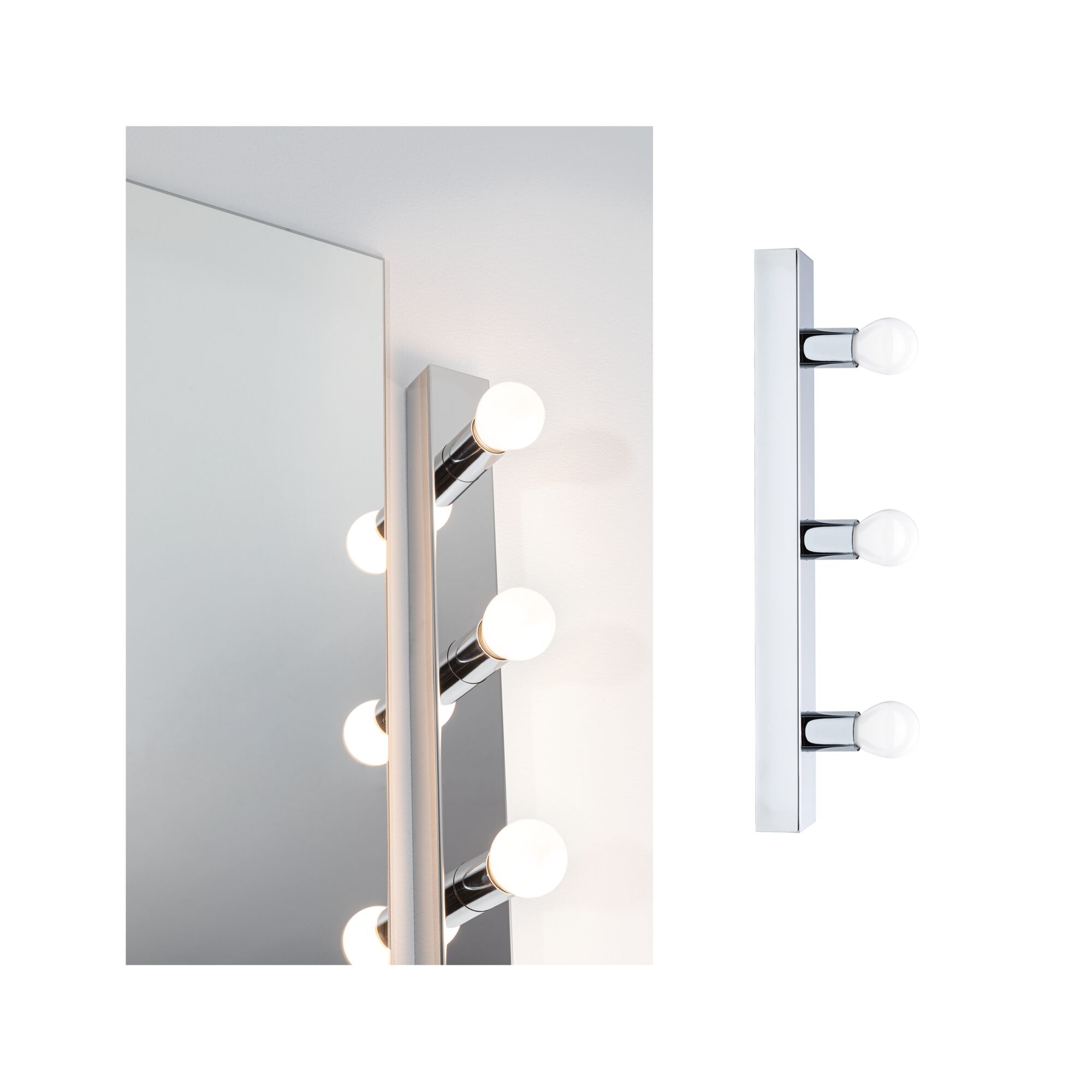 Chromfarbener LED-Spiegelleuchtenbalken mit vier runden Leuchtmitteln für Badezimmerbeleuchtung