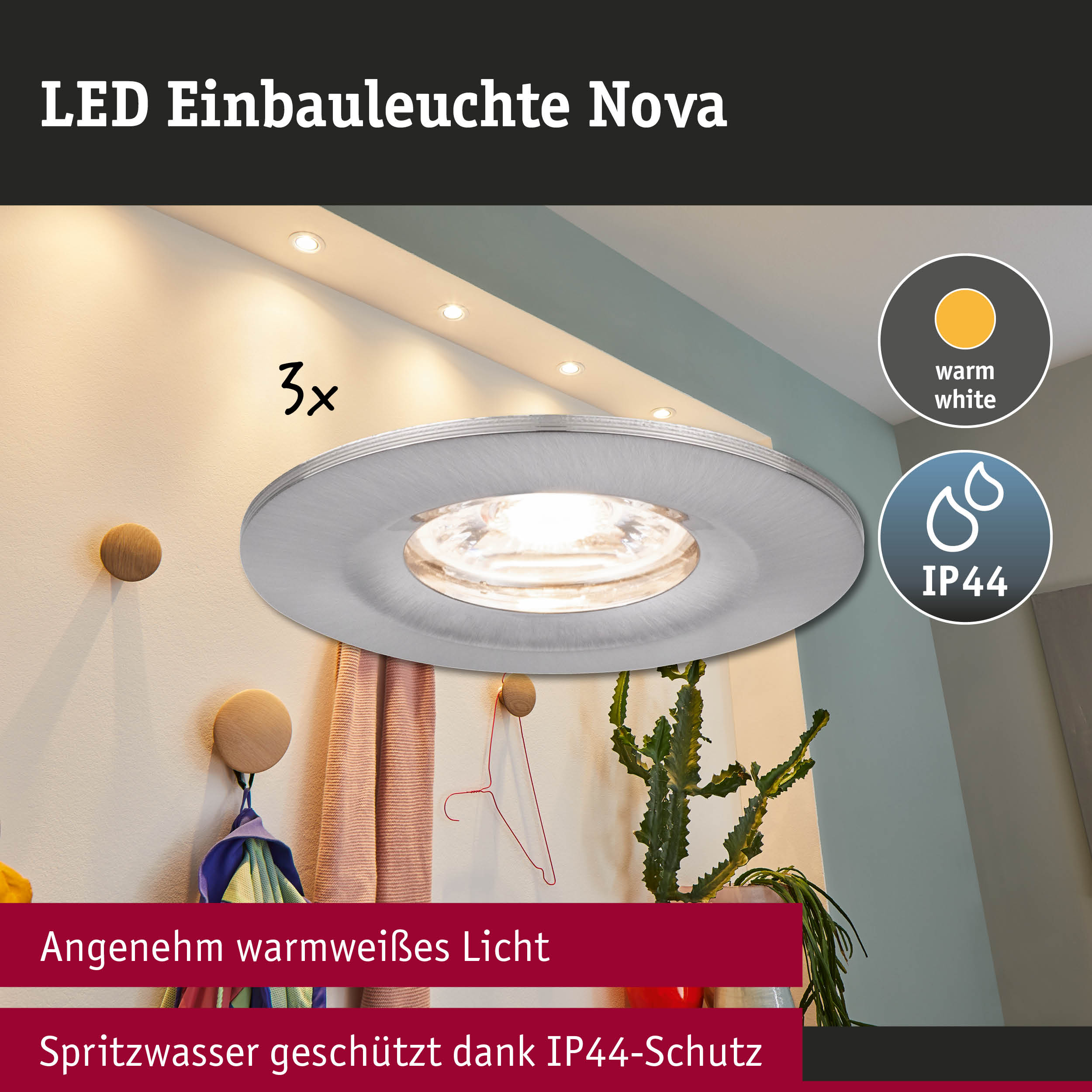 LED Einbauleuchte Nova aus Aluminium in Silber mit warmweißem Licht und IP44 Spritzwasserschutz