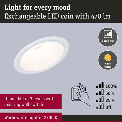 White LED recessed light with warm white 2700K and 3-step dimmable function using existing wall switch