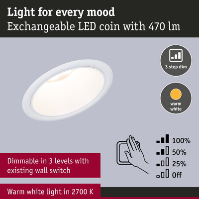 White LED recessed light with warm white 2700K and 3-step dimmable function using existing wall switch