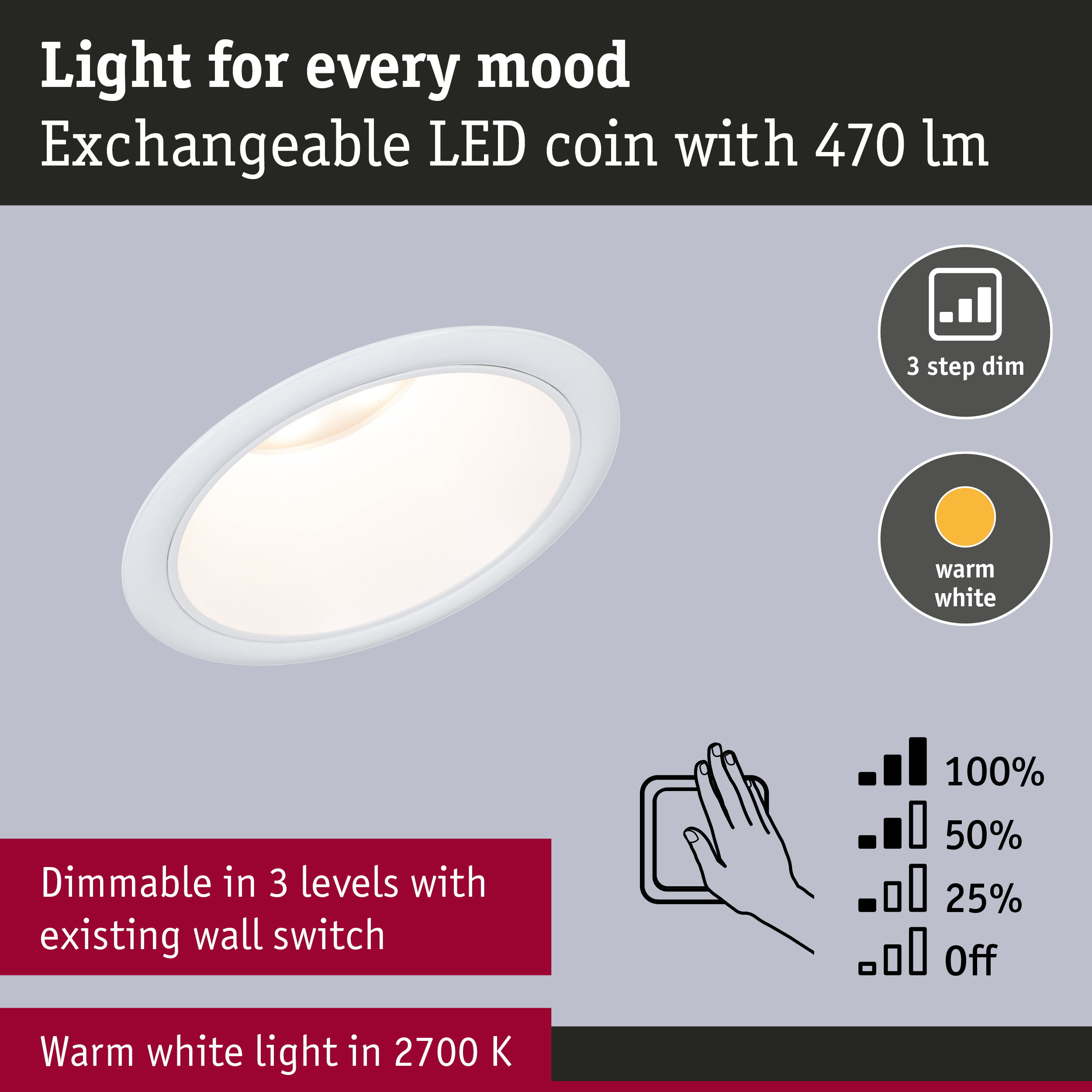 White LED recessed spotlight with exchangeable LED coin, 470 lumens, dimmable in 3 levels