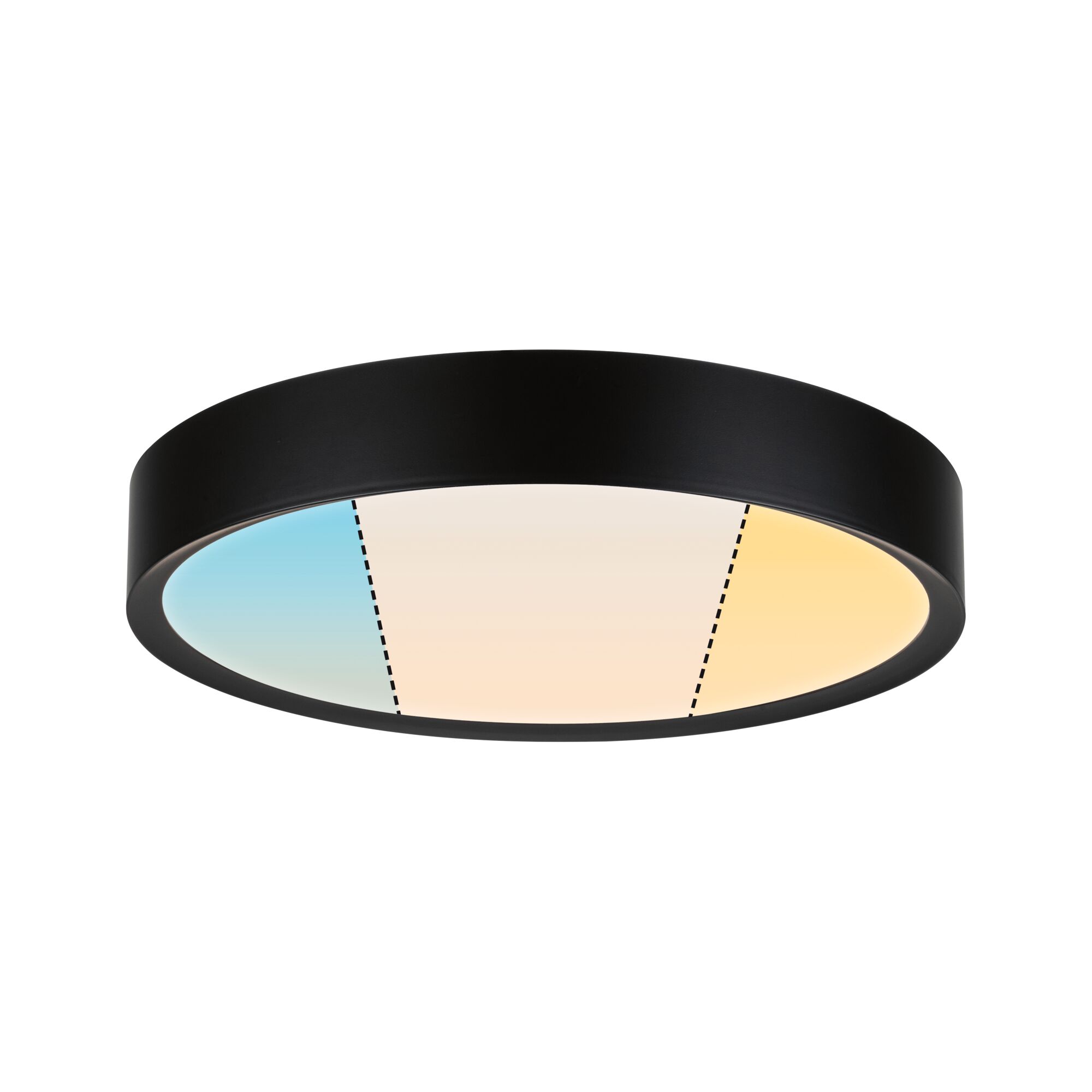Round ceiling light with black metal frame and adjustable color temperature from cool to warm white