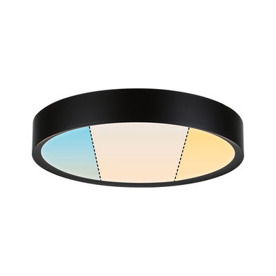 Round ceiling light with black metal frame and adjustable color temperature from cool to warm white