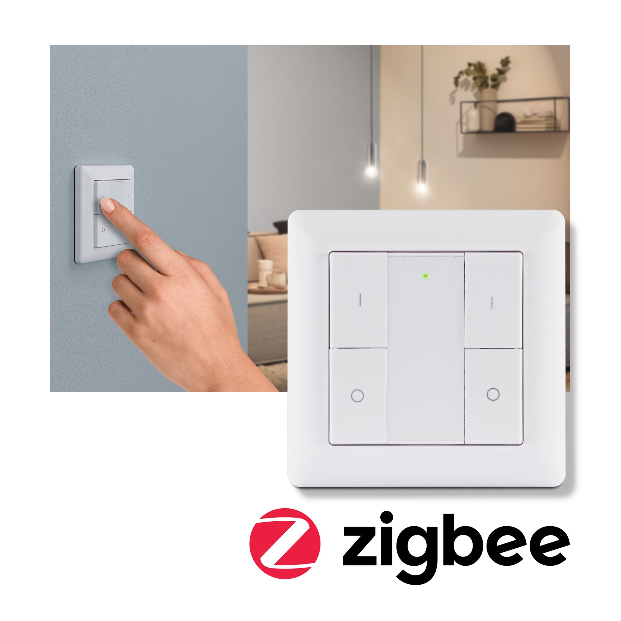 Wandschalter Smart Home Zigbee 3.0 On/Off/Dimm Weiß Weißer Zigbee Wandschalter mit vier Tasten und LED-Anzeige für smarte Lichtsteuerung im Wohnraum